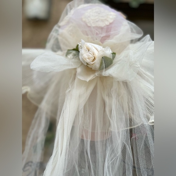 Elegant White Lace Wedding Hat with Veil cream flowers OS main image 4